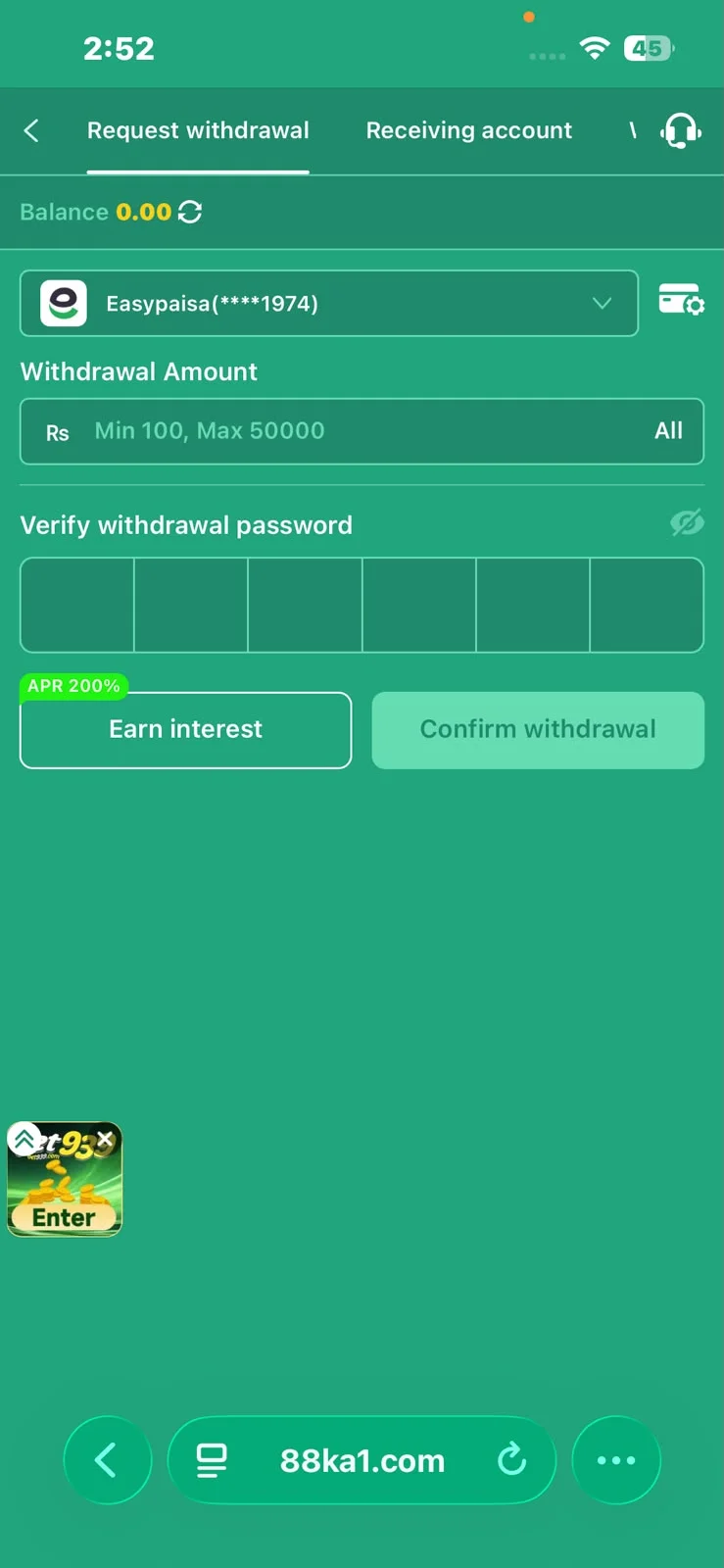 88KA Game APK withdrawal screen showing account and withdrawal options