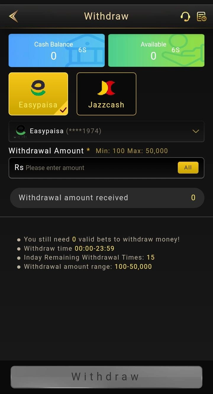 8557 Game APK withdraw page with EasyPaisa and JazzCash options