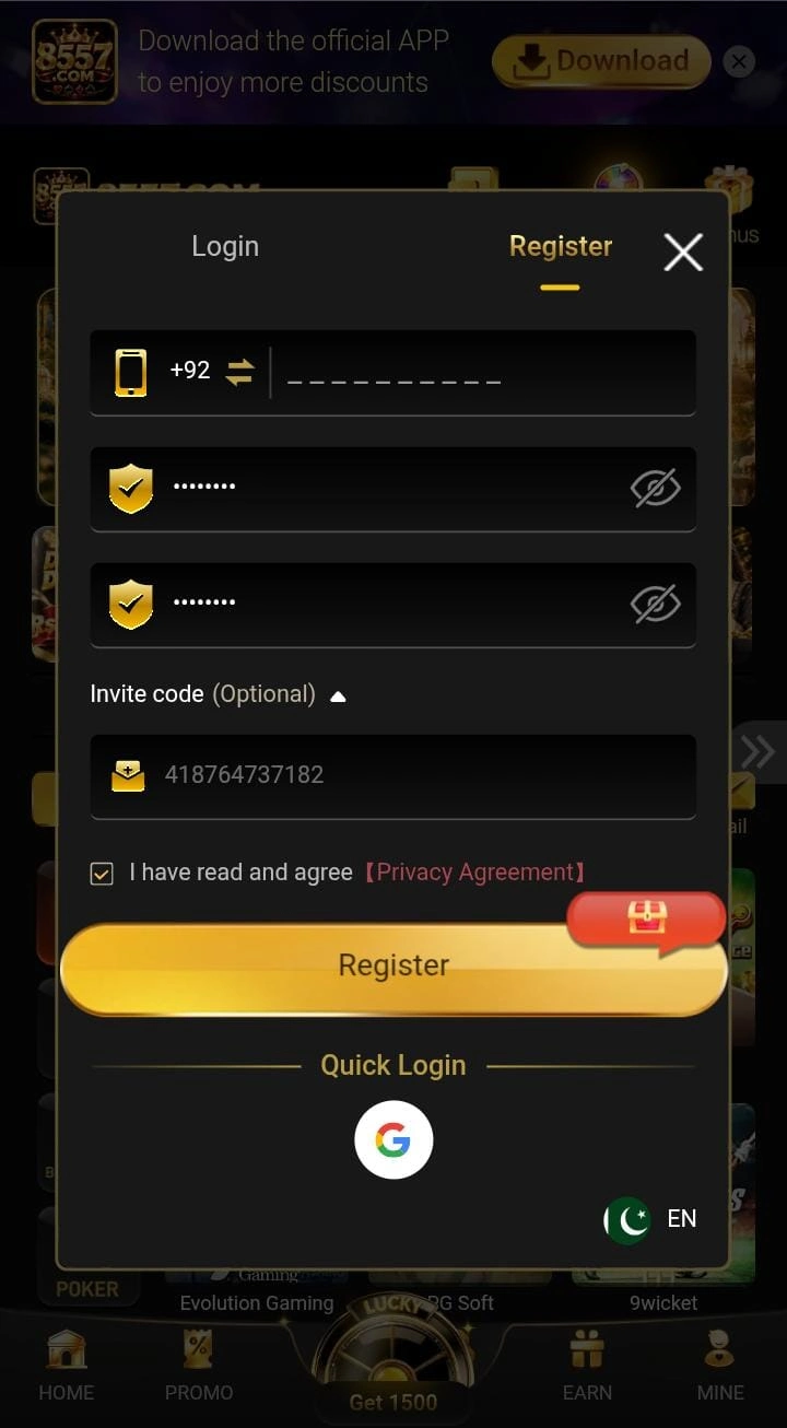 8557 Game APK register page with +92 phone number, password and invite code fields